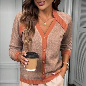 SHEIN Beige Cardigan with Orange Trim Button-Front Sweater Shoulder Detail